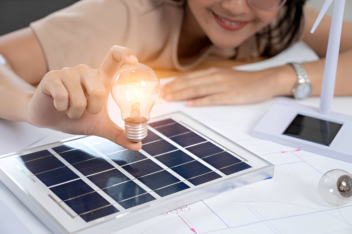 A young woman experimenting with using renewable energy from sunlight stock photo